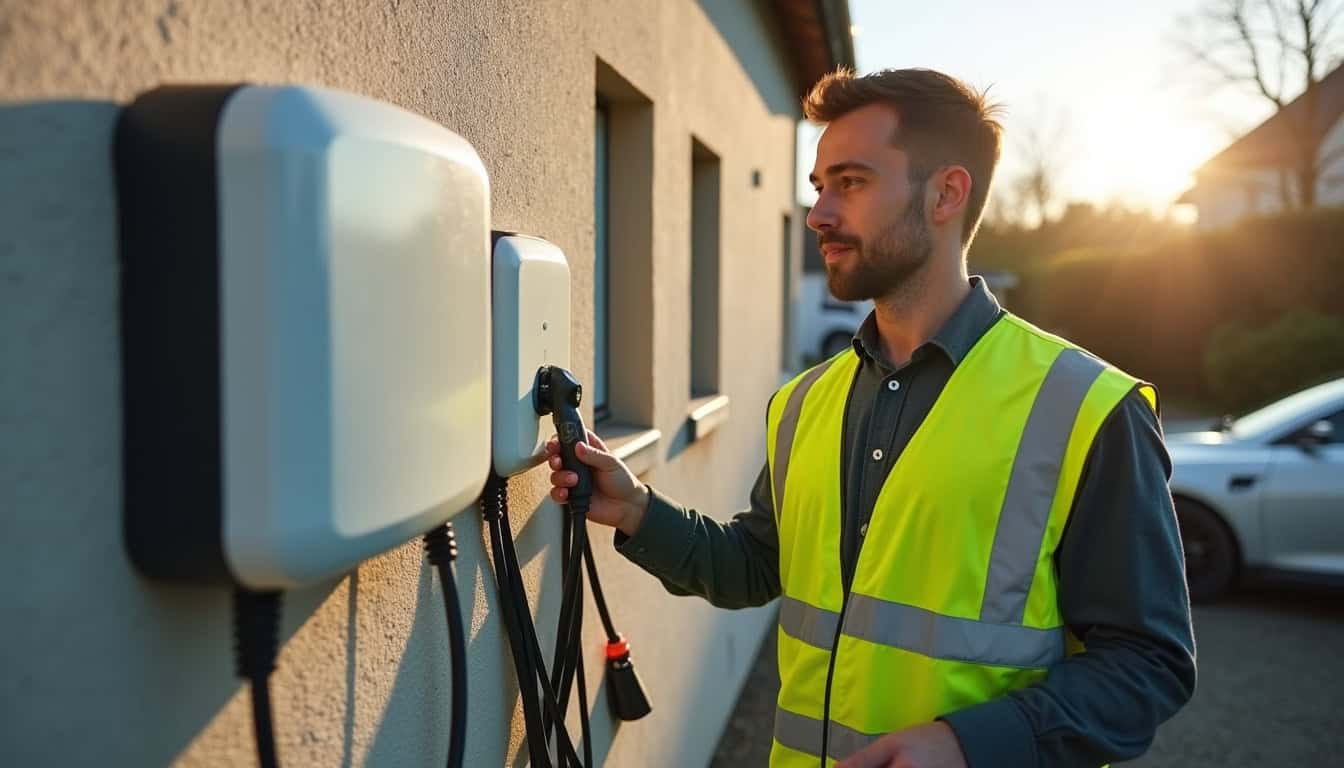 Électricien certifié IRVE en train d'installer une borne de recharge à Toussieu