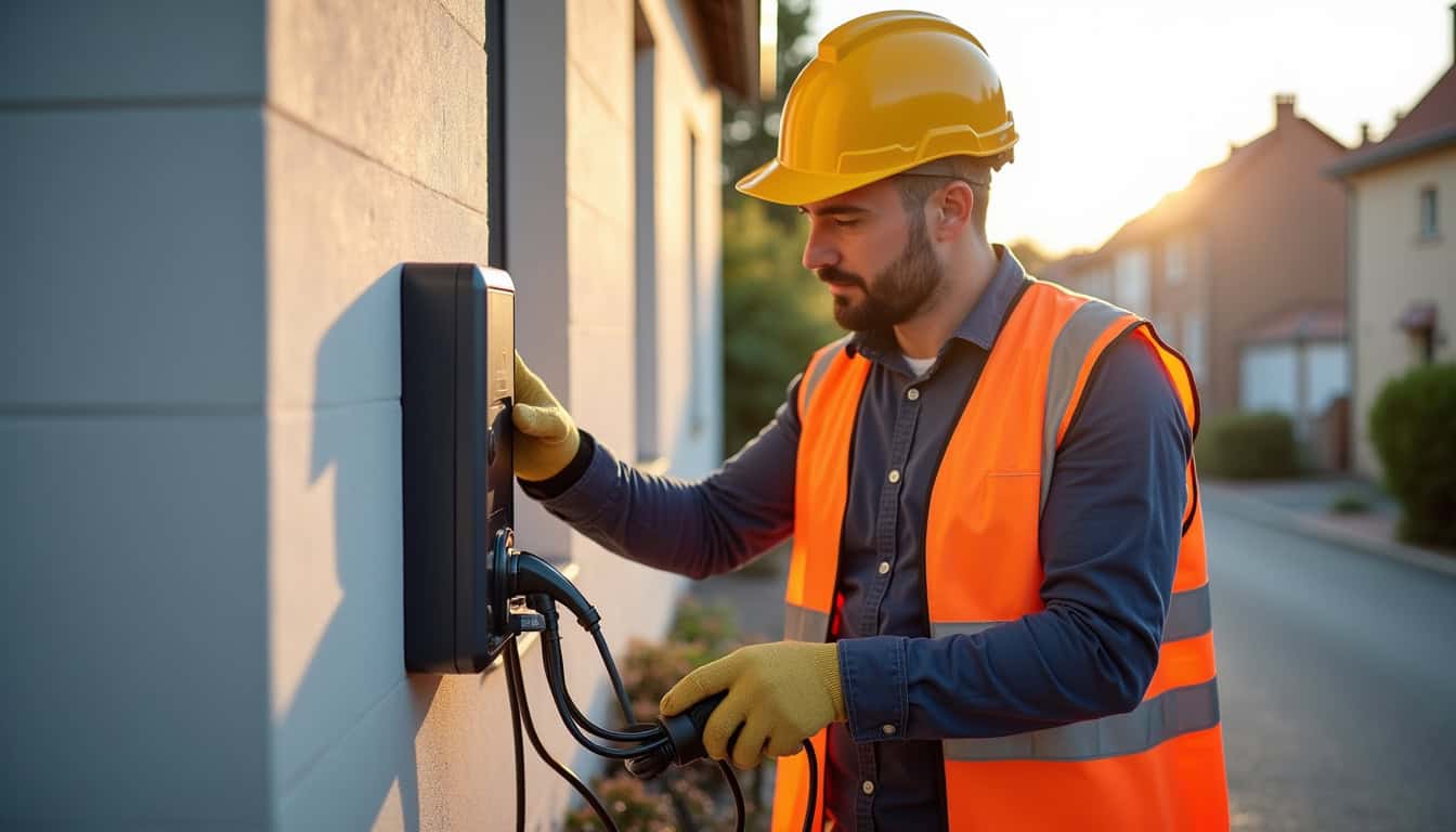 Électricien certifié IRVE en train d'installer une borne de recharge à Trouillas