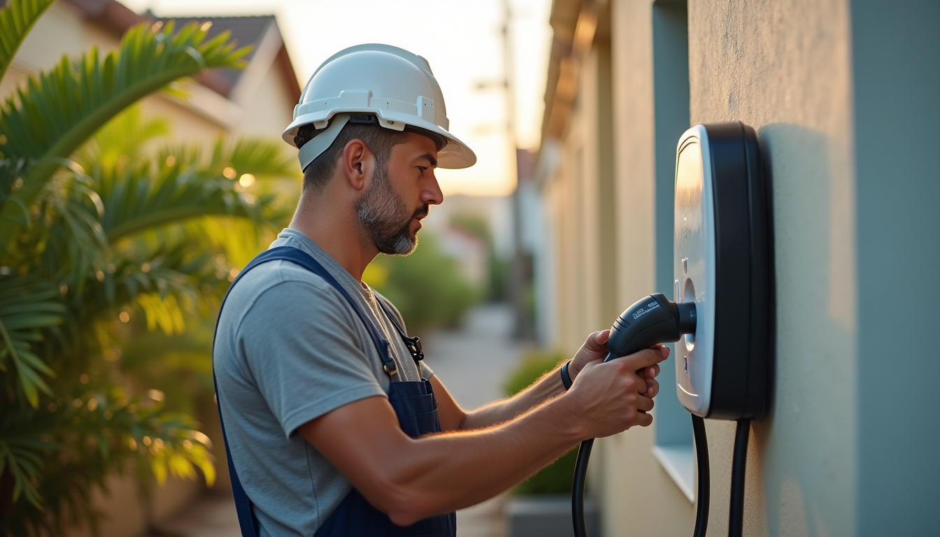 Électricien certifié IRVE en train d'installer une borne de recharge à Vieux-Fort