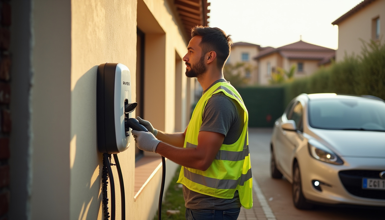 Électricien certifié IRVE en train d'installer une borne de recharge à Viviers