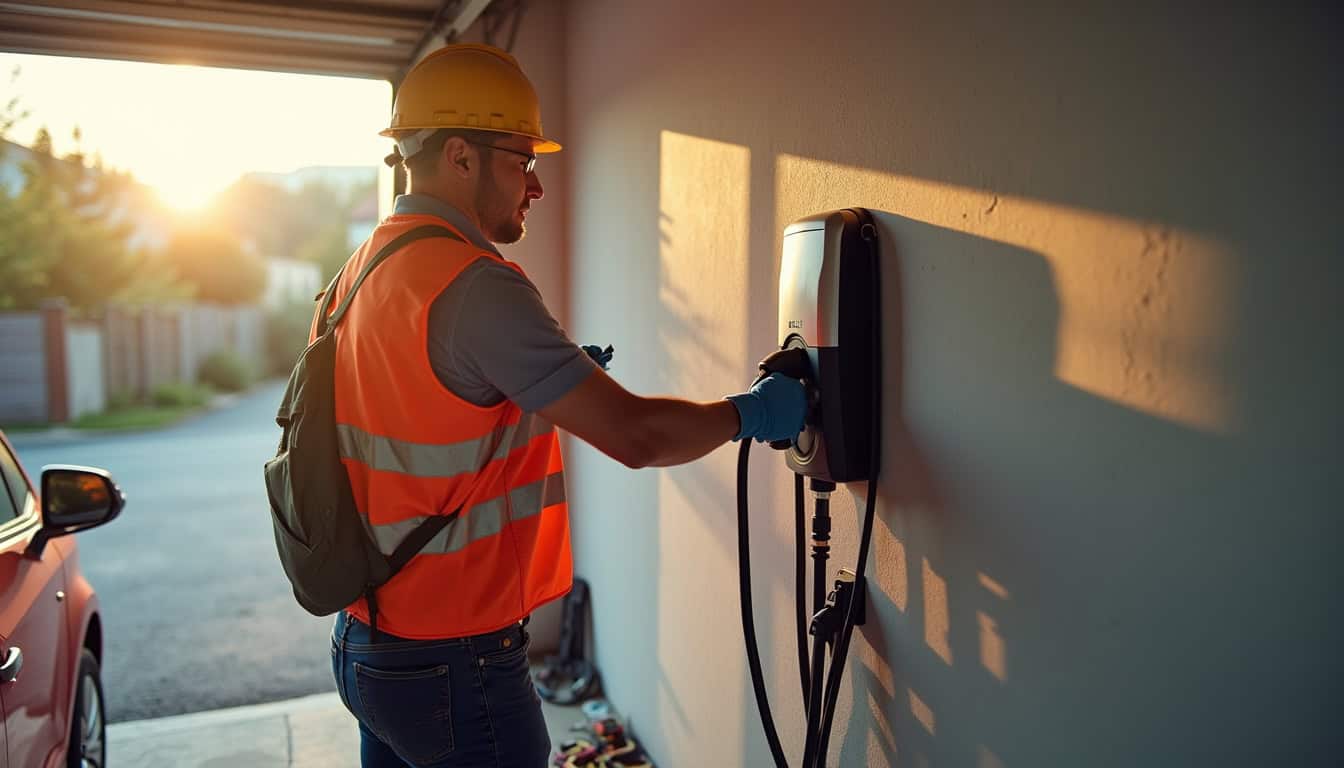 Électricien certifié IRVE en train d'installer une borne de recharge dans un garage à Aiguefonde