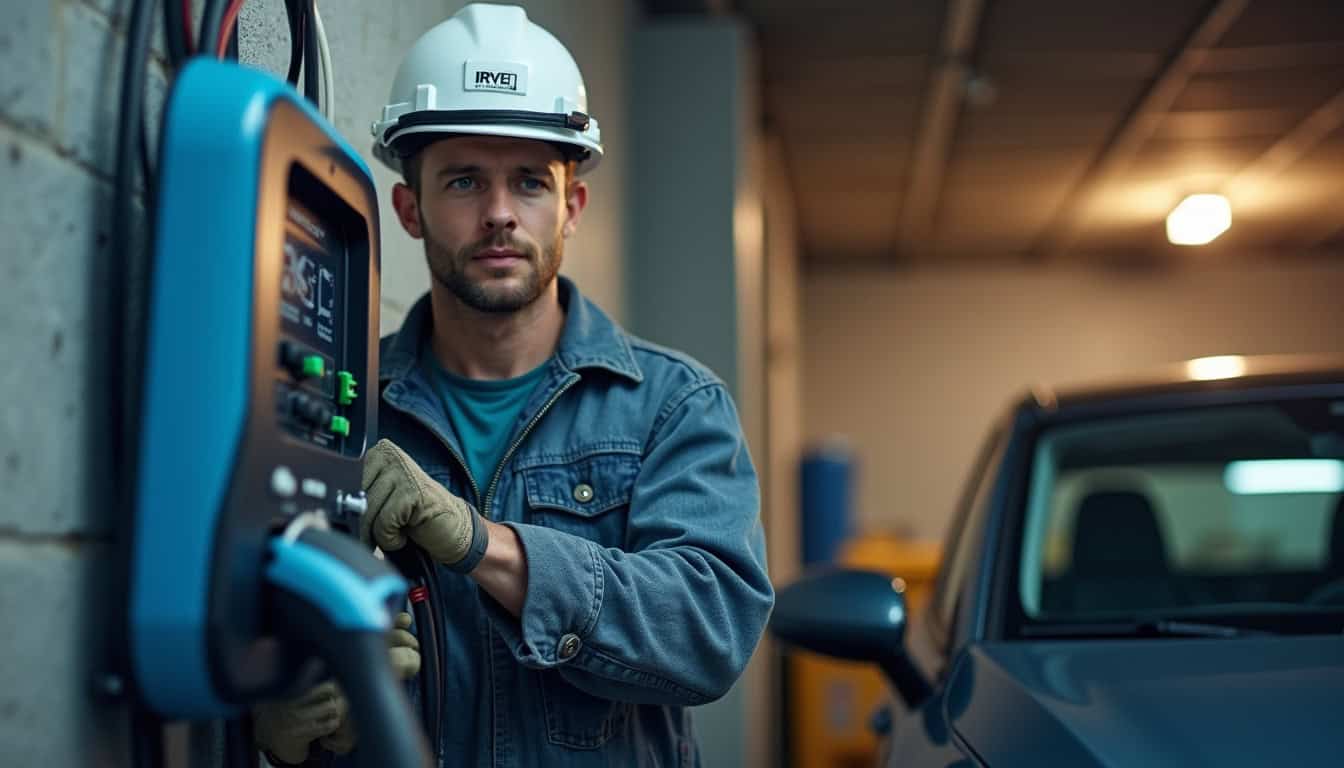 Électricien certifié IRVE en train d'installer une borne de recharge dans un garage à Audierne