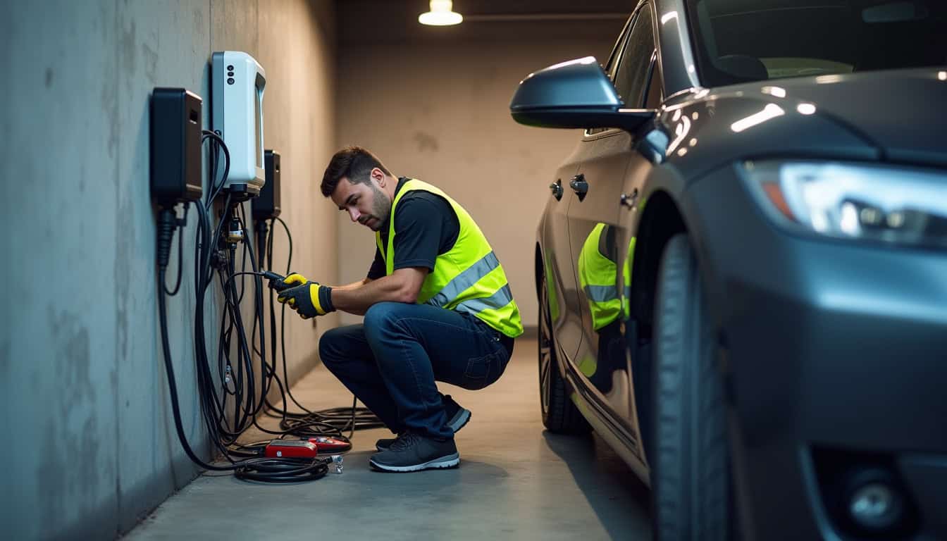 Électricien certifié IRVE en train d'installer une borne de recharge dans un garage à Beaurains