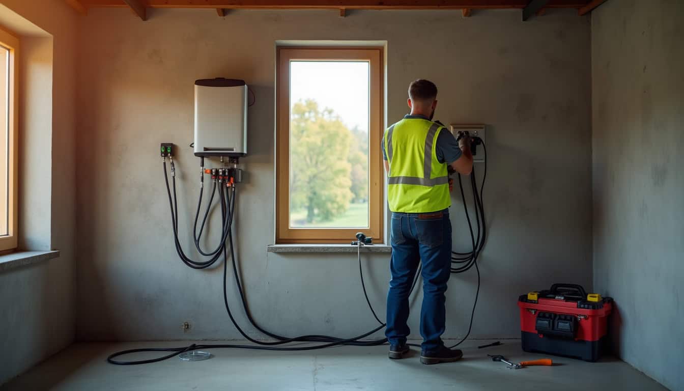 Électricien certifié IRVE en train d'installer une borne de recharge dans un garage à Béruges