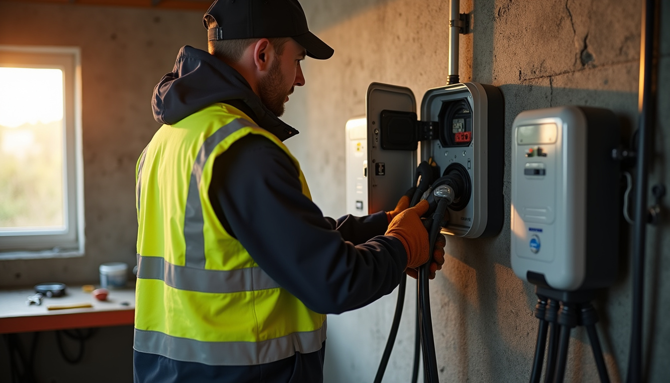 Électricien certifié IRVE en train d'installer une borne de recharge dans un garage à Captieux