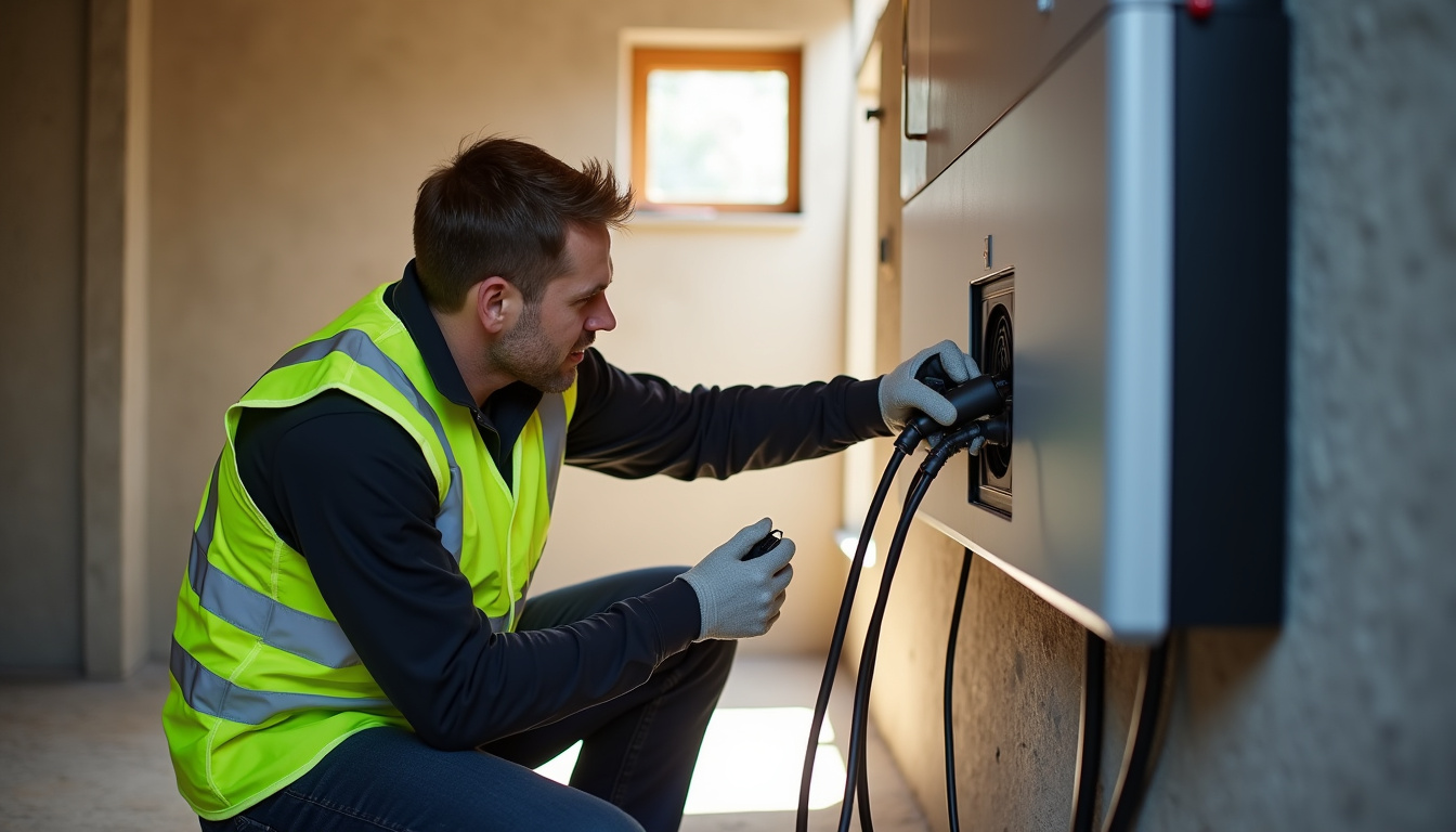 Électricien certifié IRVE en train d'installer une borne de recharge dans un garage à Chasse-sur-Rhône