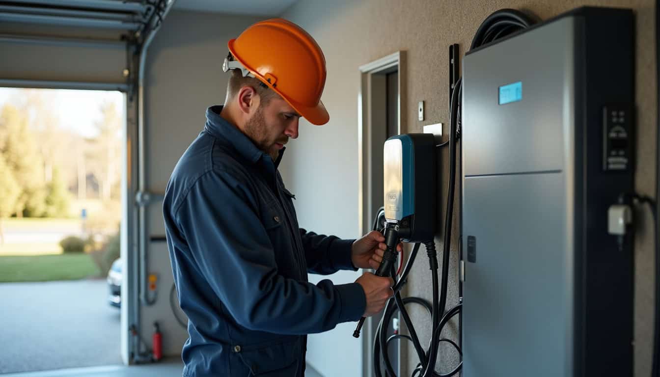 Electricien certifié IRVE en train d'installer une borne de recharge dans un garage à Ensisheim