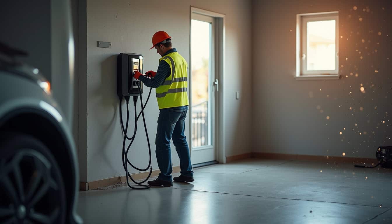 Électricien certifié IRVE en train d'installer une borne de recharge dans un garage à Laiz