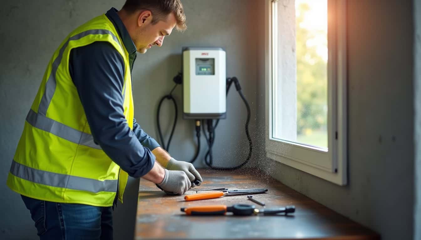 Électricien certifié IRVE en train d'installer une borne de recharge dans un garage à Saint-Georges-lès-Baillargeaux