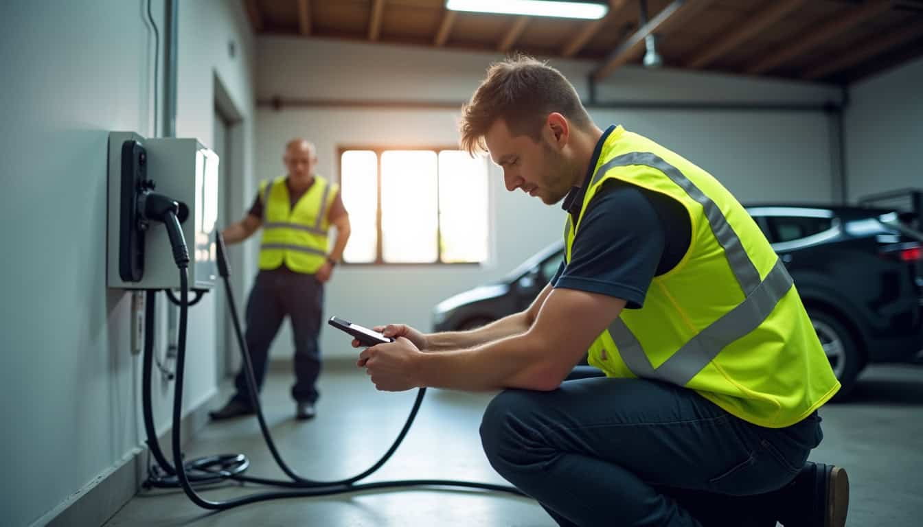 Électricien certifié IRVE en train d'installer une borne de recharge dans un garage à Sartrouville