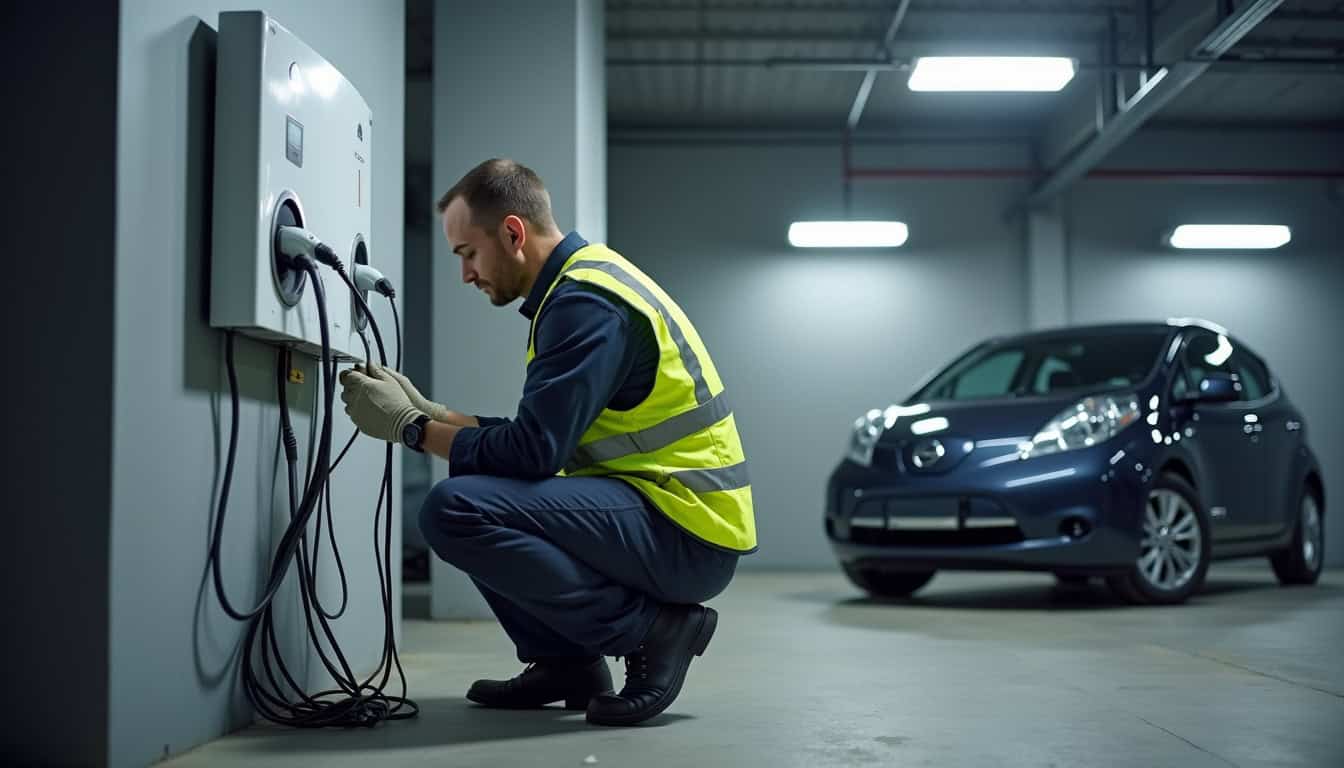 Électricien certifié IRVE en train d'installer une borne de recharge dans un garage à Ychoux