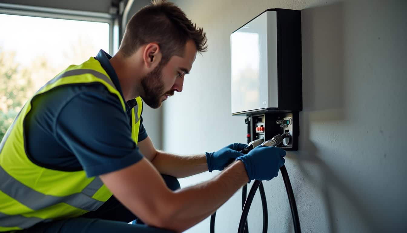 Électricien certifié IRVE en train d'installer une borne de recharge dans un garage en Haute-Garonne