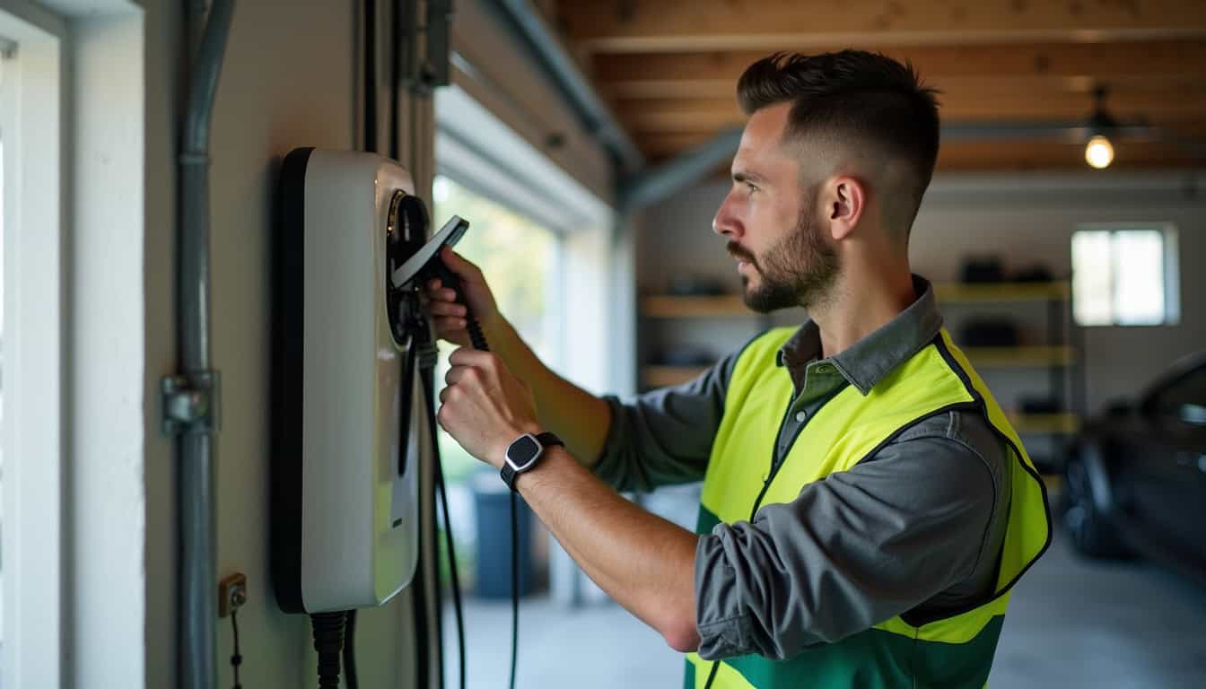 Électricien certifié IRVE en train d’installer une borne de recharge dans un garage privé