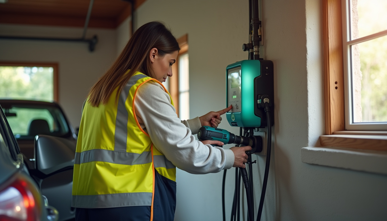 Électricien certifié IRVE en train d’installer une borne de recharge dans un garage résidentiel