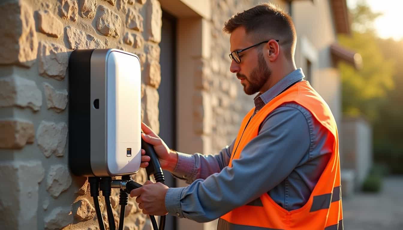 Électricien certifié IRVE en train d'installer une borne de recharge dans une maison à Pont-de-Salars