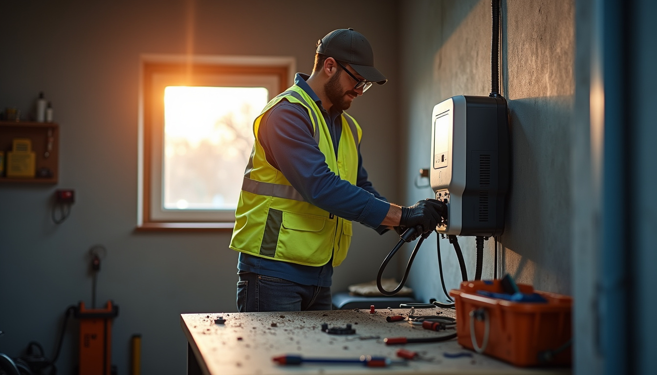 Électricien certifié IRVE en train d’installer une borne de recharge dans une maison à Renwez