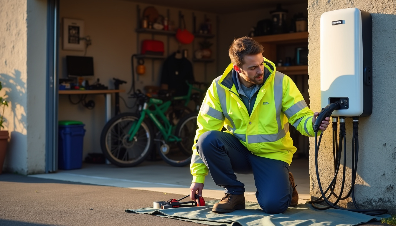 Électricien certifié IRVE en train d'installer une borne de recharge devant un garage à Monéteau