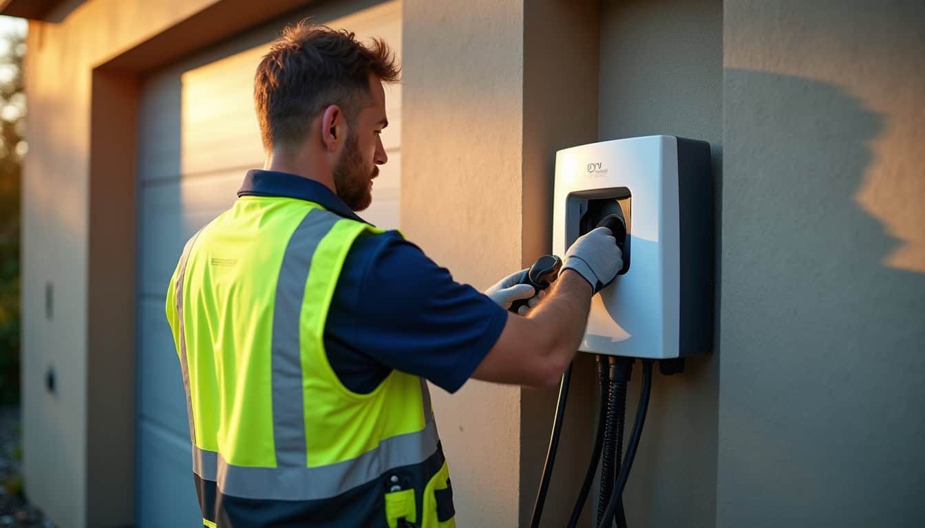 Électricien certifié IRVE en train d'installer une borne de recharge électrique à Laveyron
