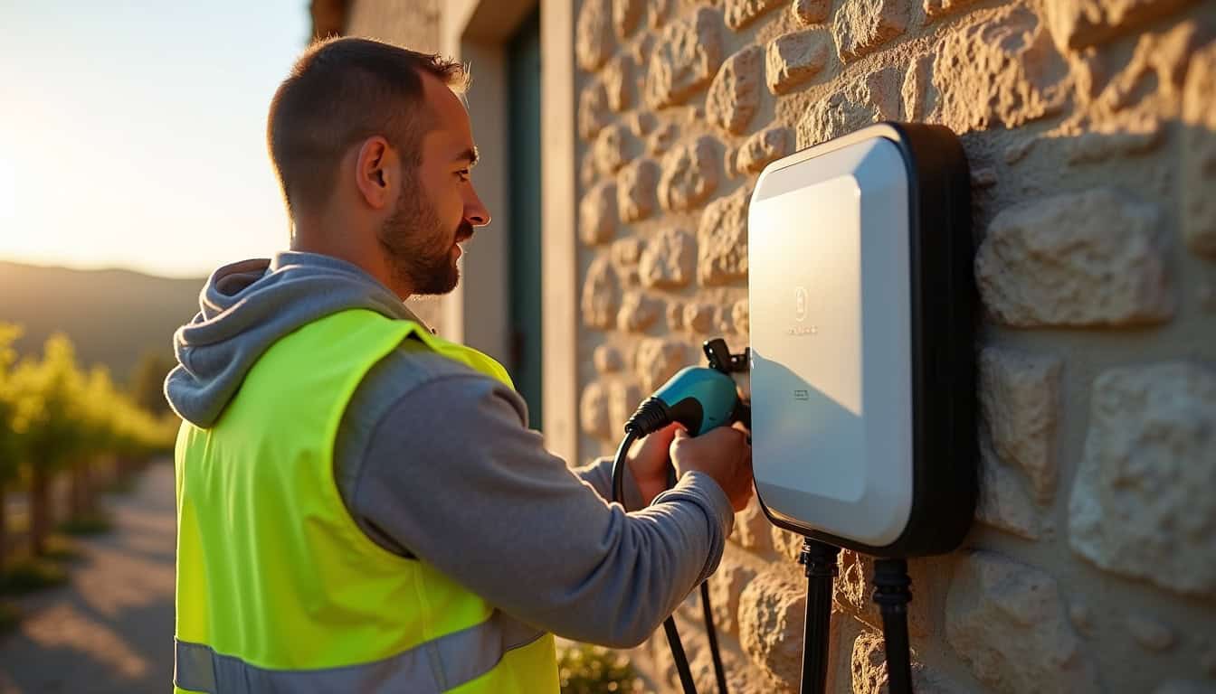 Électricien certifié IRVE en train d'installer une borne de recharge électrique à Le Bousquet-d'Orb