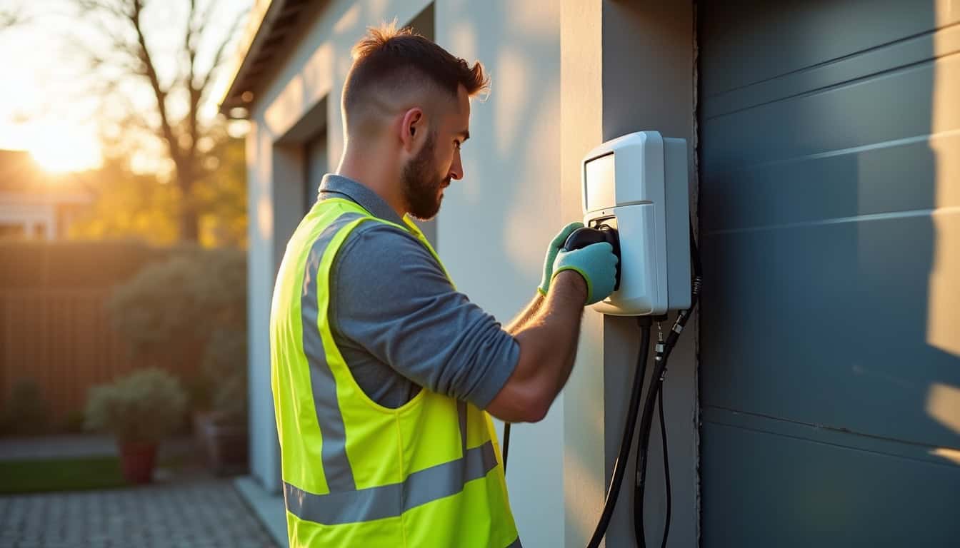 Électricien certifié IRVE en train d'installer une borne de recharge électrique à Le Quesnoy