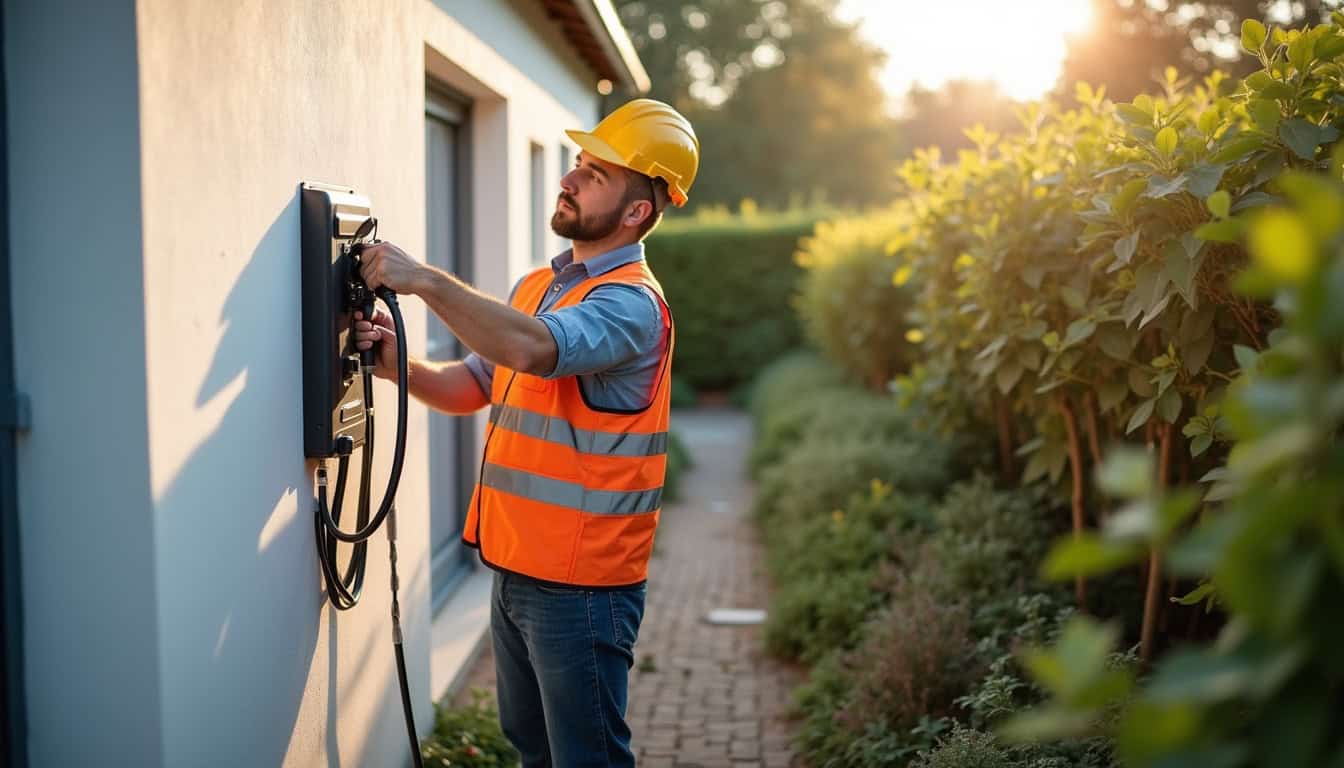 Électricien certifié IRVE en train d’installer une borne de recharge électrique à Saint-André-de-Cubzac