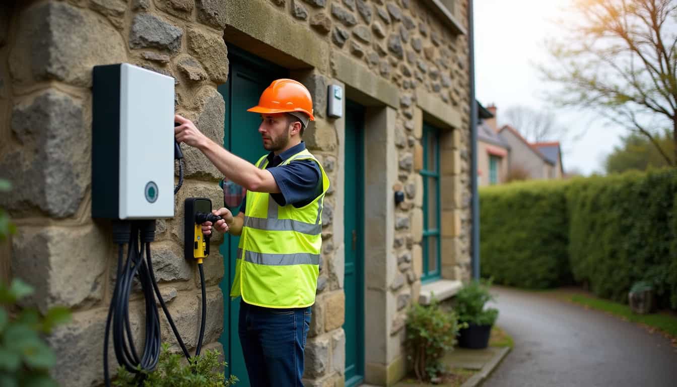 Électricien certifié IRVE en train d’installer une borne de recharge électrique à Saint-Méloir-des-Ondes