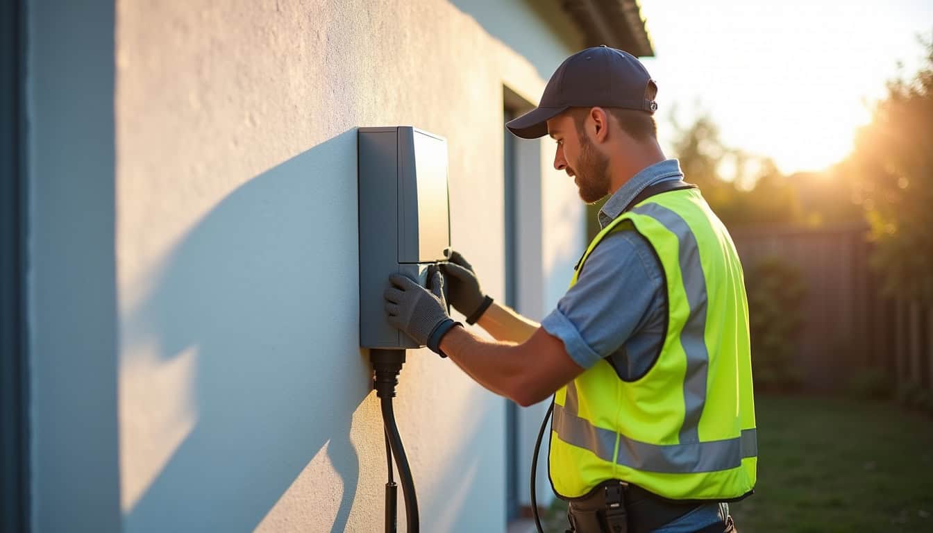 Électricien certifié IRVE en train d'installer une borne de recharge électrique à Sauveterre-de-Guyenne