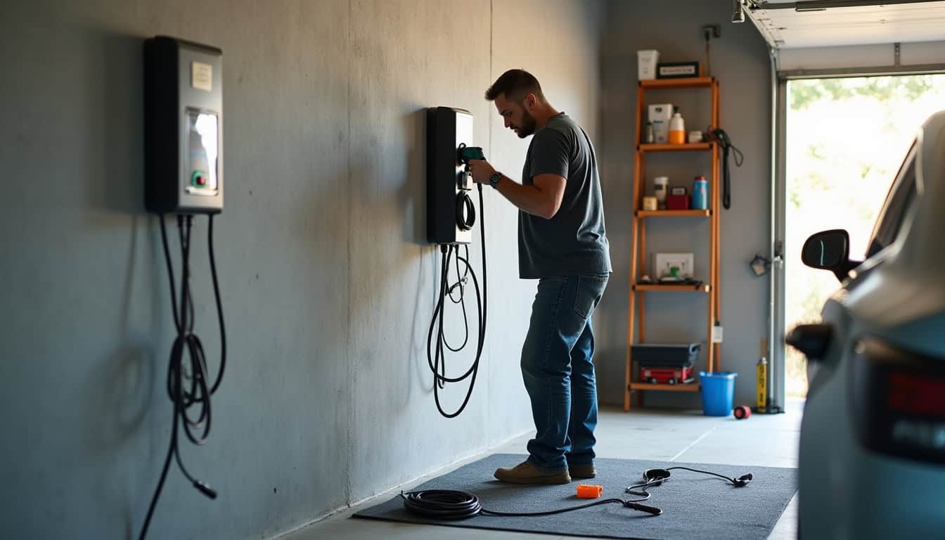Électricien certifié IRVE en train d'installer une borne de recharge électrique dans un garage à Courville-sur-Eure