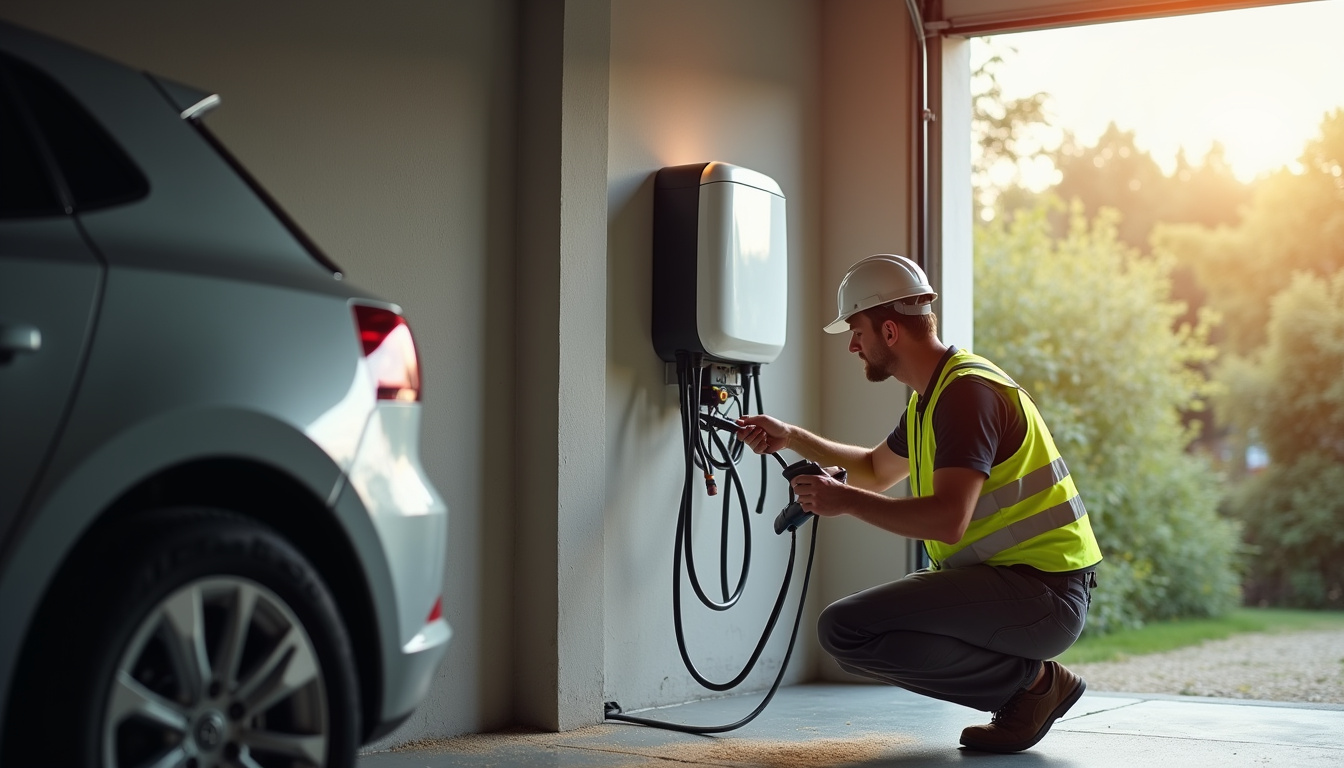 Électricien certifié IRVE en train d'installer une borne de recharge électrique dans une résidence privée à Athies-sous-Laon