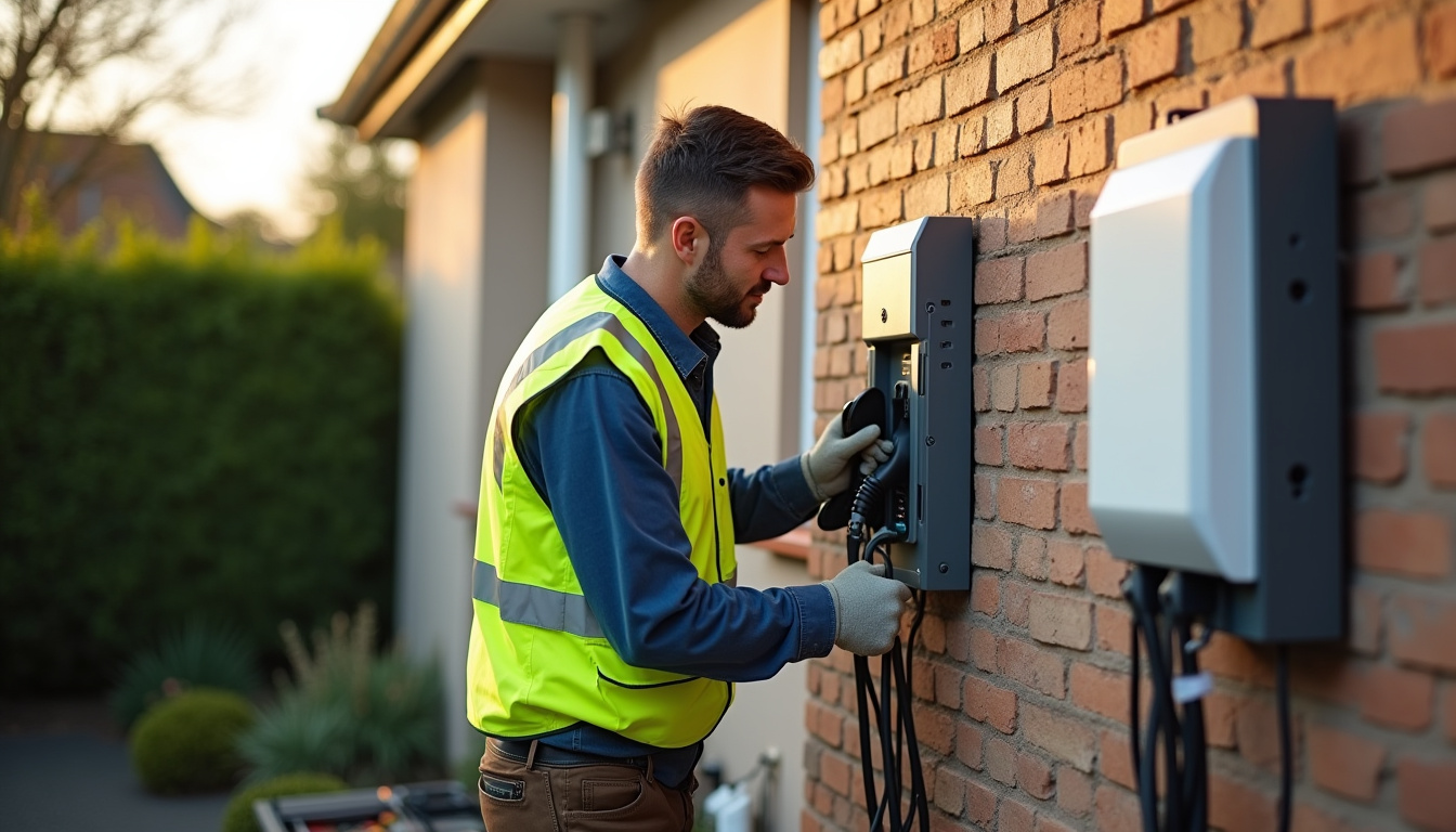 Électricien certifié IRVE en train d'installer une borne de recharge électrique sur un mur extérieur d'une maison