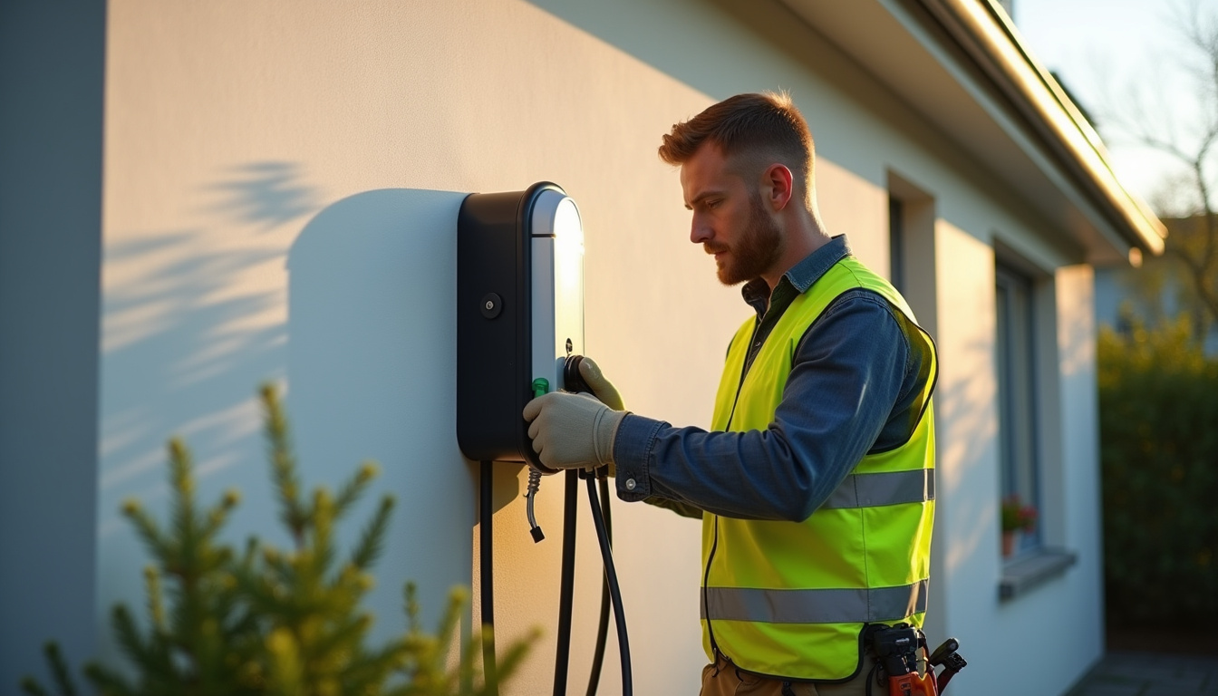 Électricien certifié IRVE en train d'installer une borne de recharge électrique