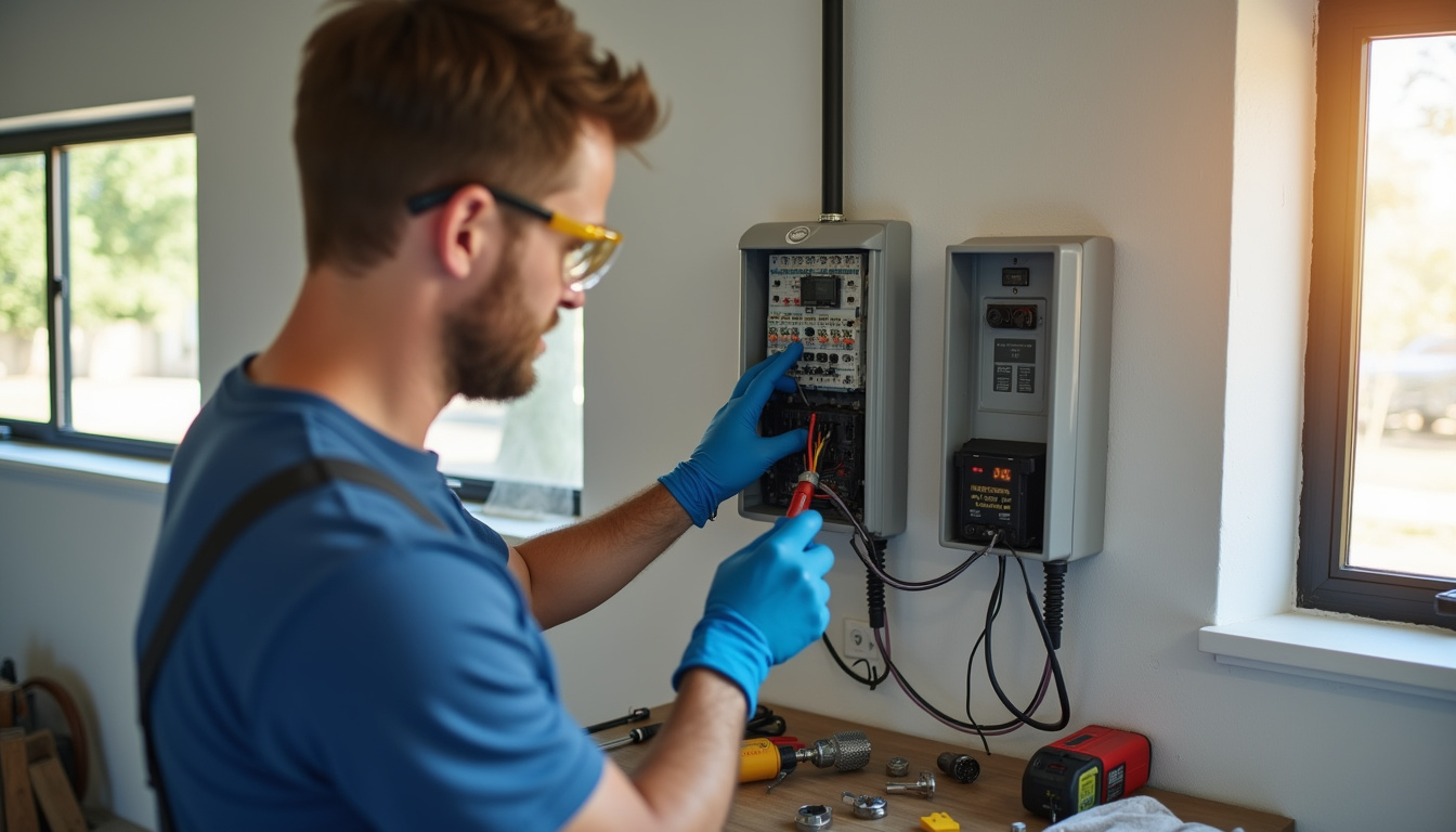 Électricien certifié IRVE en train d'installer une borne de recharge murale à Assat, avec outils et tableau électrique visible