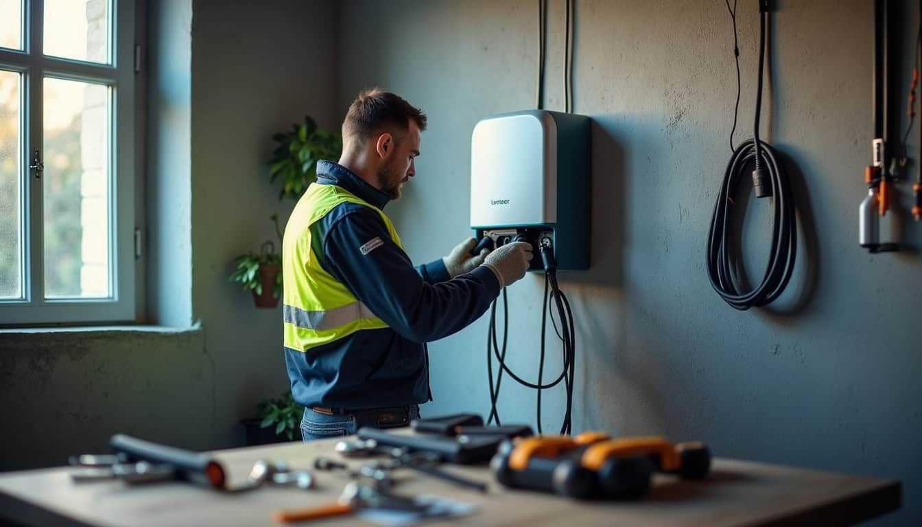 Électricien certifié IRVE en train d'installer une borne de recharge murale à Le Bouscat