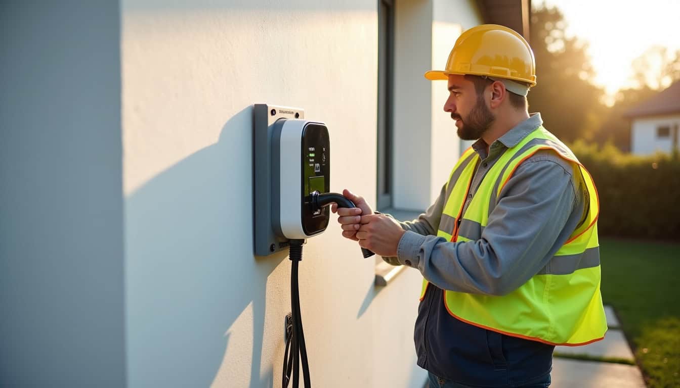 Électricien certifié IRVE en train d'installer une borne de recharge murale à Paillet