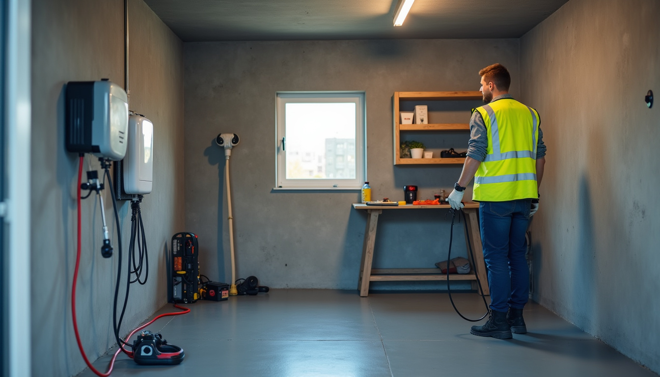 Électricien certifié IRVE en train d'installer une borne de recharge murale dans un garage à Blois