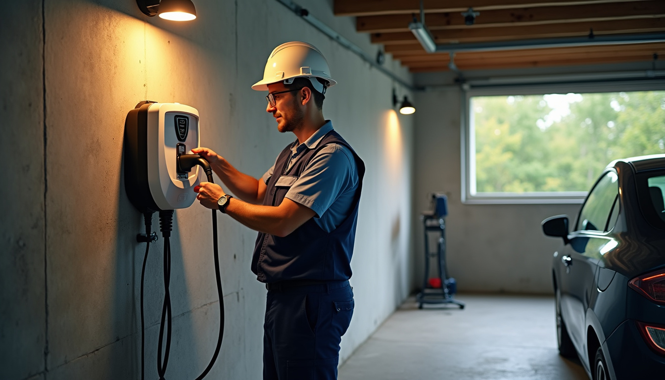 Électricien certifié IRVE en train d'installer une borne de recharge murale dans un garage à Céreste-en-Luberon