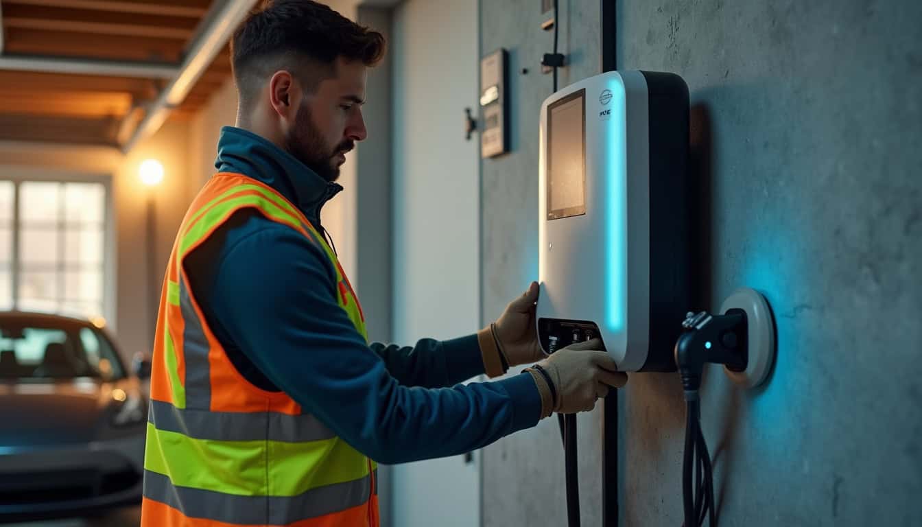 Électricien certifié IRVE en train d'installer une borne de recharge murale dans un garage