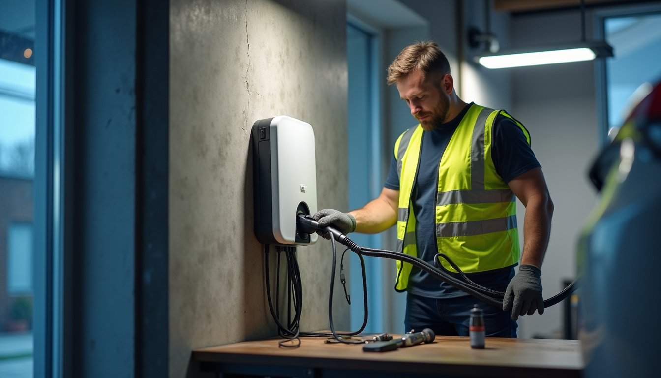 Électricien certifié IRVE en train d'installer une borne de recharge murale dans un garage