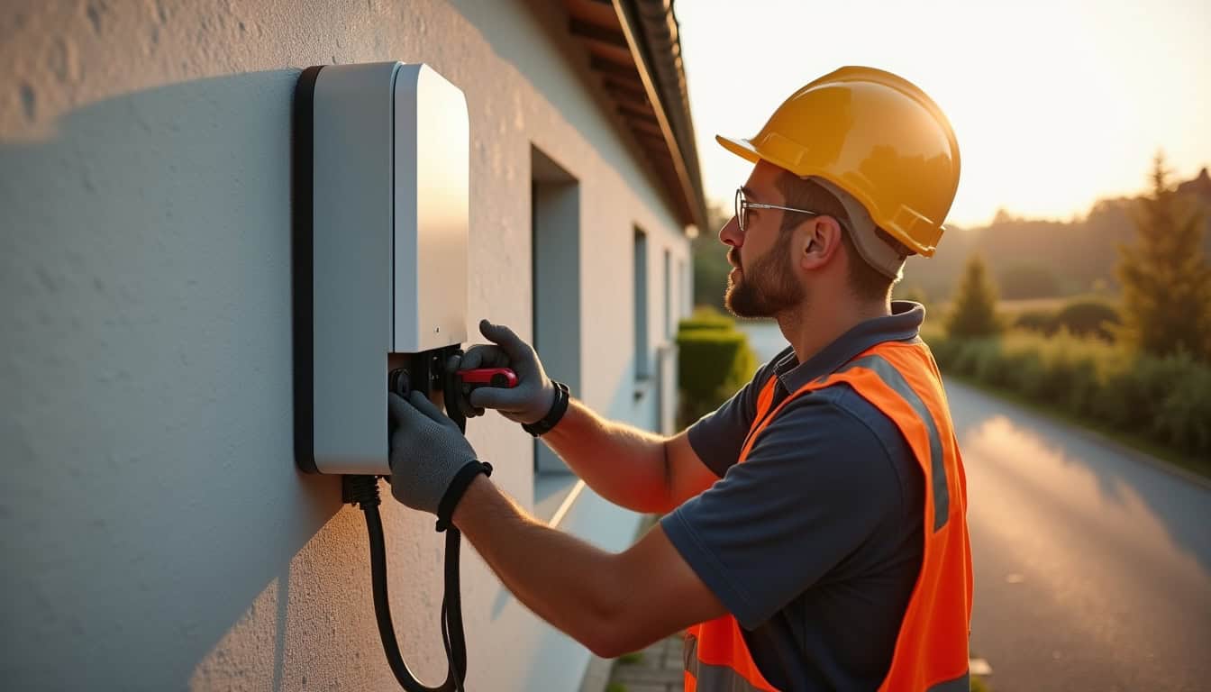 Électricien certifié IRVE en train d'installer une borne de recharge murale sur un mur extérieur à Sablons-sur-Huisne