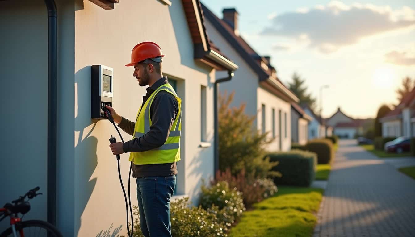 Électricien certifié IRVE en train d'installer une borne de recharge murale sur un mur extérieur