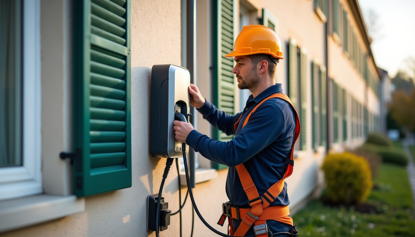 Électricien certifié IRVE en train d’installer une borne de recharge murale sur une façade extérieure