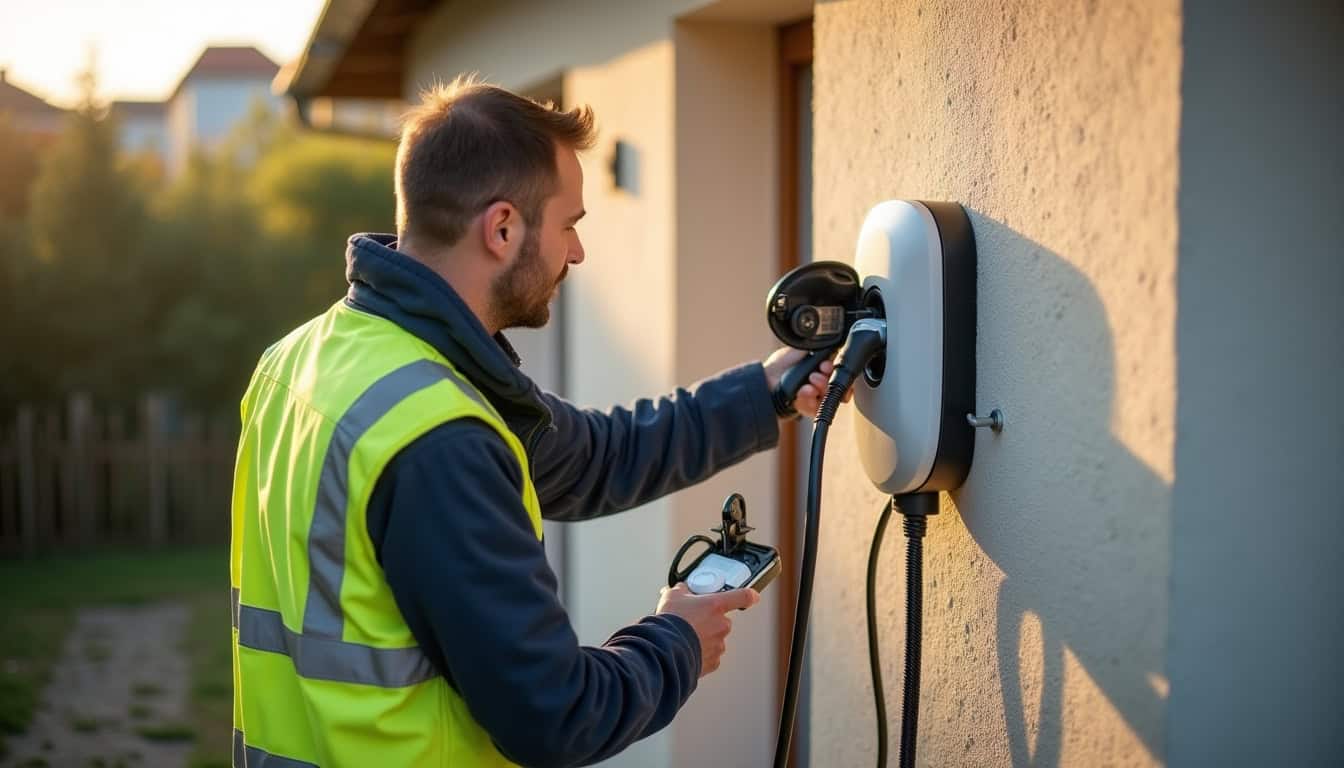 Électricien certifié IRVE en train d'installer une borne de recharge murale