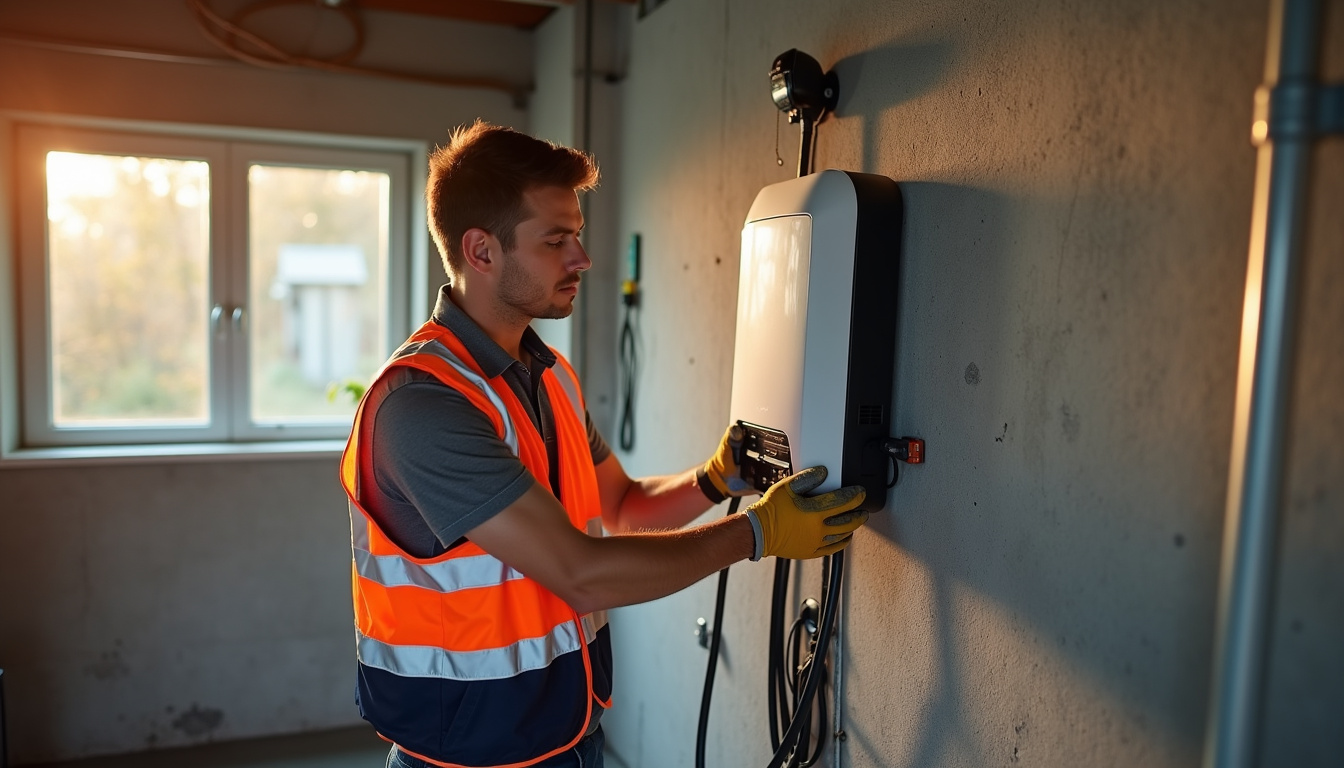 Électricien certifié IRVE en train d'installer une borne de recharge murale