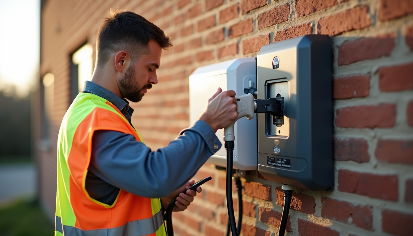 Électricien certifié IRVE en train d'installer une borne de recharge pour véhicule électrique à Cinqueux