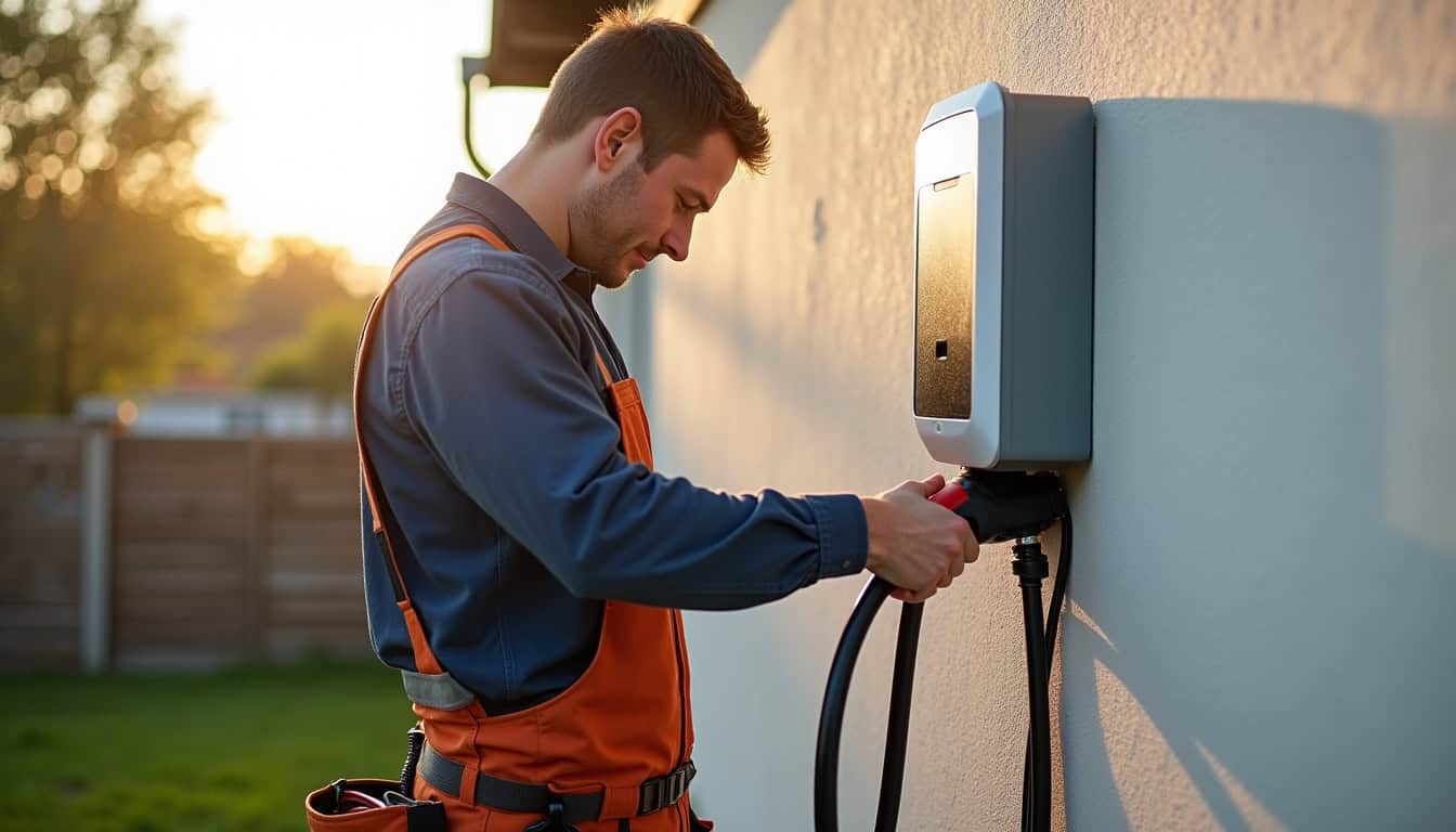 Électricien certifié IRVE en train d'installer une borne de recharge pour véhicule électrique à Saint-Paul-des-Landes