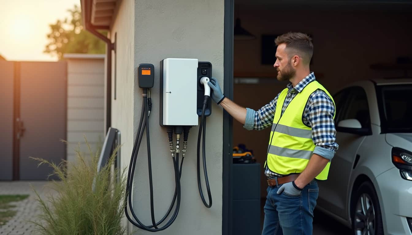 Électricien certifié IRVE en train d'installer une borne de recharge pour véhicule électrique devant un garage