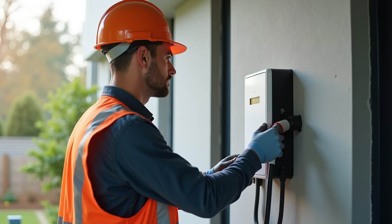 Électricien certifié IRVE en train d'installer une borne de recharge pour véhicule électrique