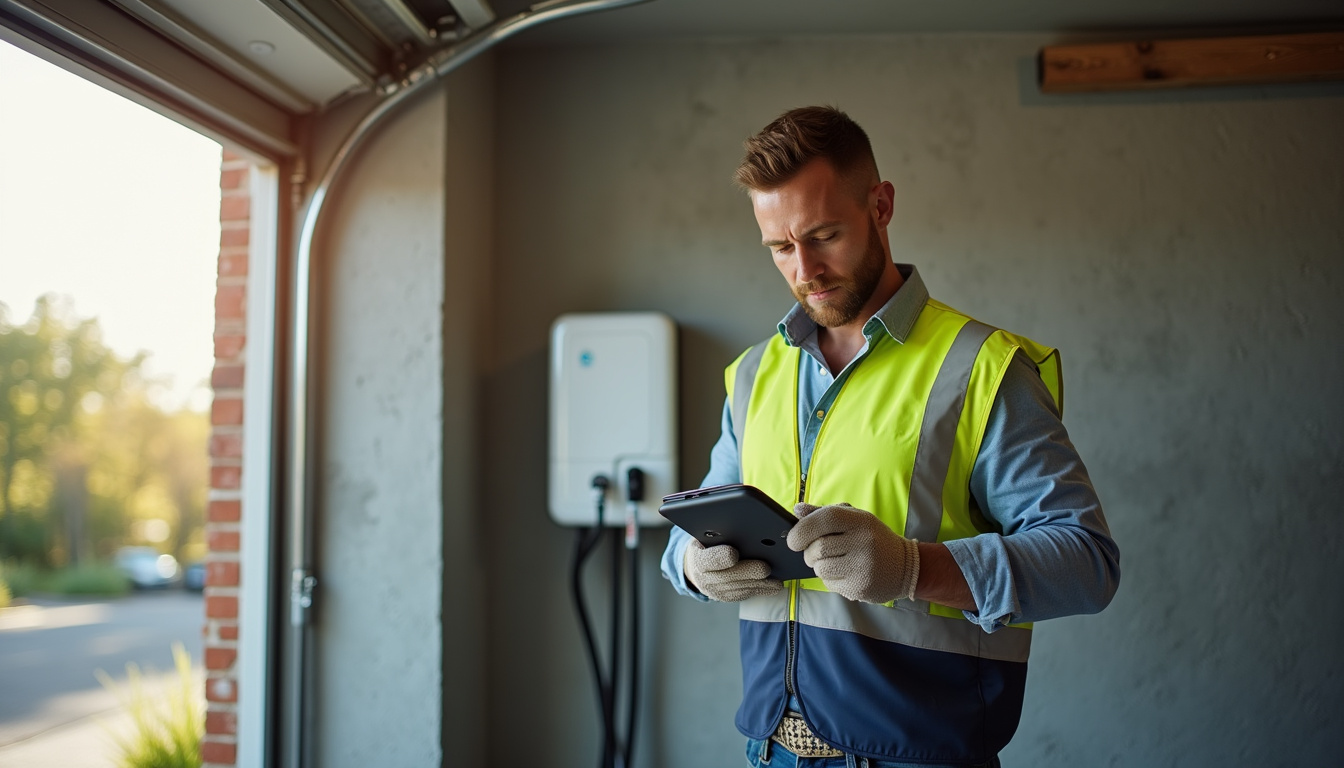 Électricien certifié IRVE en train d’installer une borne de recharge pour véhicule électrique