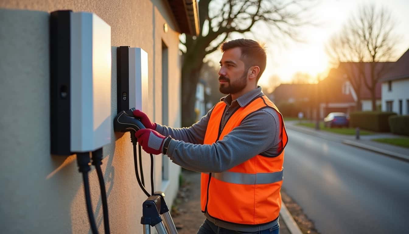 Électricien certifié IRVE en train d'installer une borne de recharge pour voiture électrique à Grézieu-la-varenne