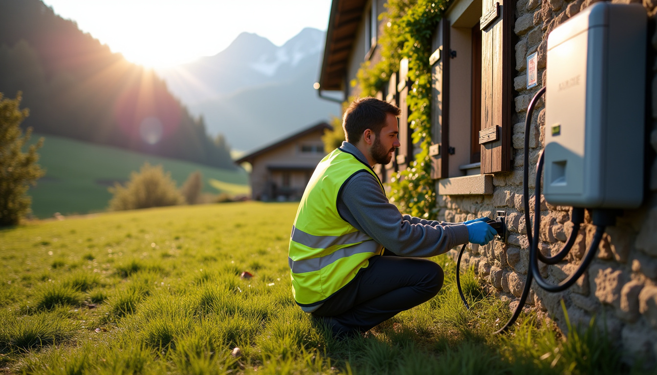 Électricien certifié IRVE en train d'installer une borne de recharge pour voiture électrique dans une propriété en Haute-Savoie